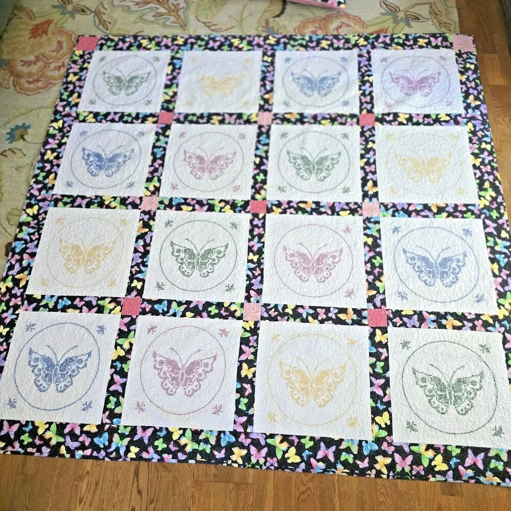 Handmade Quilt Set 80x80 Cross Stitch Butterflies w/ Matching Pillows Girls Room